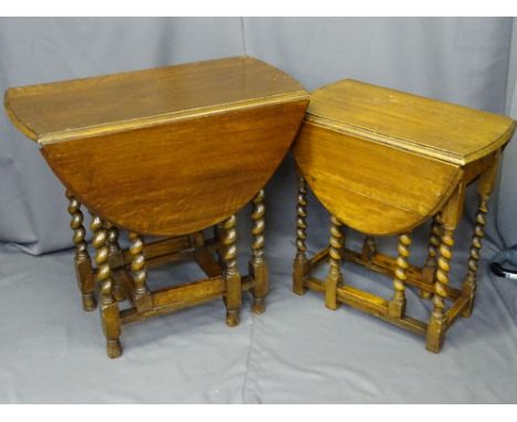 TWO VINTAGE OAK BARLEY TWIST GATE-LEG TABLES, 77 and 60cm Lengths