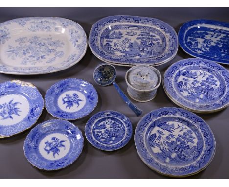 WILLOW &amp; BLUEWARE - parcel of four small oval platters, six circular plates, ladle and lidded pot ETC and a pair of Spode