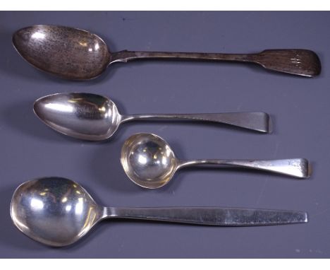 SILVER LADLES, serving spoons, fiddle patterned serving spoon, 2.9 ozs, London 1810, another serving spoon, 1.7 ozs, London 1