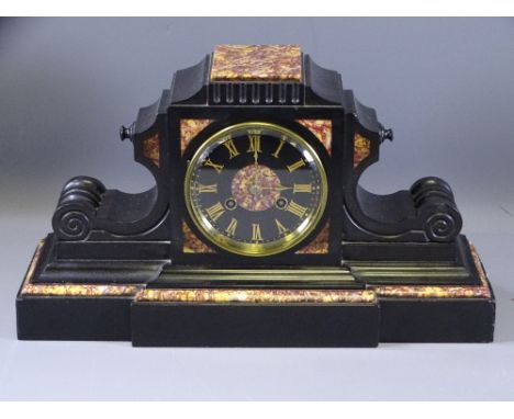A VICTORIAN SLATE MANTEL CLOCK with colourful marble inset, 23.5cms H, 41cms L