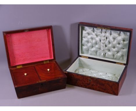 TWO ANTIQUE LIDDED BOXES including a burr walnut sewing box with padded satin lining and a mahogany tea caddy having twin lid
