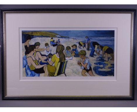 AFTER CLAUDIA WILLIAMS coloured print - National Library of Wales limited edition (14/75), numerous figures on a beach, signe