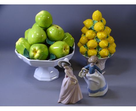 LLADRO, NAO &amp; OTHER ITALIAN POTTERY &amp; PORCELAIN to include two figurines of young girls and two table centrepieces of