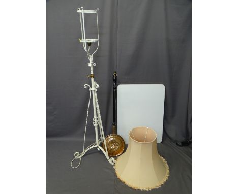 VICTORIAN WROUGHT IRON RISE &amp; FALL STANDARD LAMP with modern shade, formica top folding table and a long handled copper w