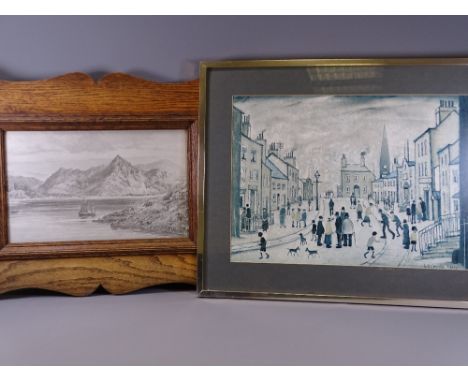 AFTER C J PARROTT print - riverscape, possibly Welsh, with sailing boats, 24 x 40cms and after L S LOWRY print - street scene