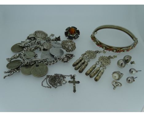 SILVER COIN &amp; CHARM BRACELET, 73grms gross, a silver 'bark' dress ring, 9.6grms and a parcel of mixed silver items