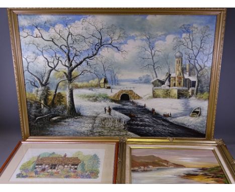 OIL ON CANVAS - snowy village scene, 60 x 90cms, K R WILLIAMSON oil on board and a modern tapestry