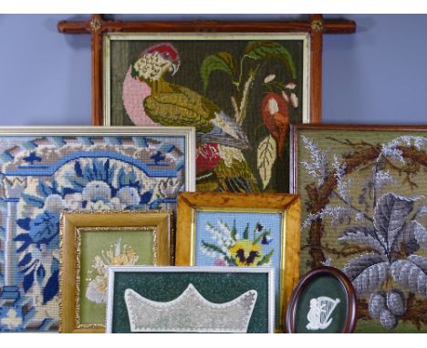TAPESTRIES, A PARCEL - four floral and bird tapestries including one beadwork, a framed dried flower study and two framed nee
