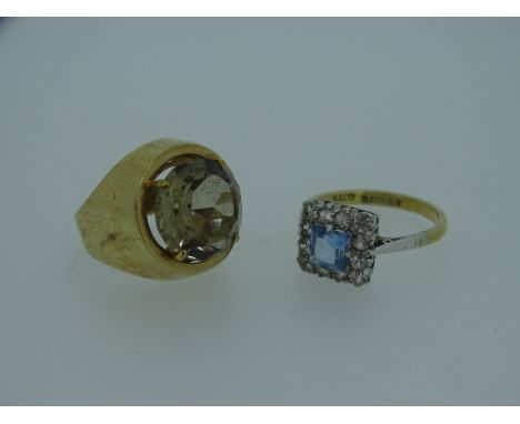 NINE CARAT GOLD CZ &amp; AQUAMARINE DRESS RING, 2.6grms and a nine carat gold citrine signet ring, 6.4grms