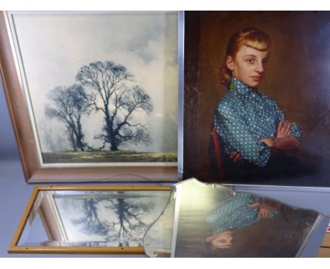 BRITISH RAIL RAILWAY CARRIAGE MIRROR, a bevelled edged mirror, a large David Shepherd print and one other, 28 x 67.5cms the B