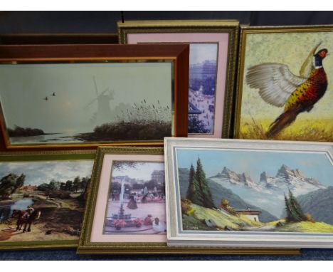 R ORGAN oil on board - a pheasant taking off, 67 x 60cms, a large COULSON print and a quantity of other similar sized paintin