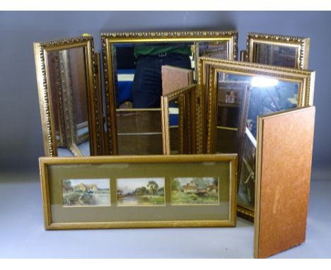 TWO GILT FRAMED TRIPLE MIRRORS, and a triptych framed print