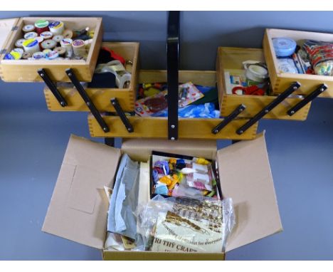 CANTILEVER SEWING BOX &amp; CONTENTS with a quantity of tapestry and needlework kits ETC