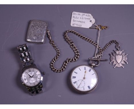 ANTIQUE SILVER POCKET WATCH &amp; ALBERT with silver fob and vesta case attachments, along with a gent's stainless steel wris
