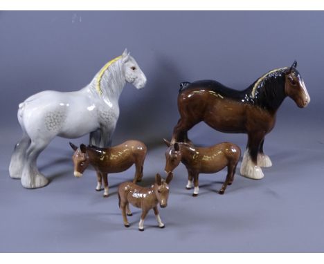 BESWICK DAPPLED GREY SHIRE HORSE, three Beswick donkeys and a Beswick brown shire horse