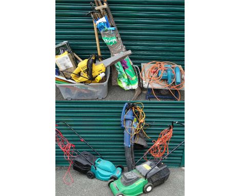 MIXED BENCH &amp; GARDEN ELECTRICALS, long handled tools and work tools ETC E/T and TWO ELECTRIC MOWERS and a garden vac/blow