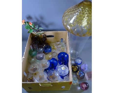 DRINKING GLASSWARE, Caithness and other paperweights, an amber ceiling light shade and a large glass flower vase