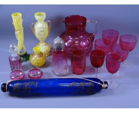 CRANBERRY &amp; OTHER GLASSWARE - a large Cranberry water jug, a parcel of Cranberry goblets and sugar shaker, a Bristol Blue