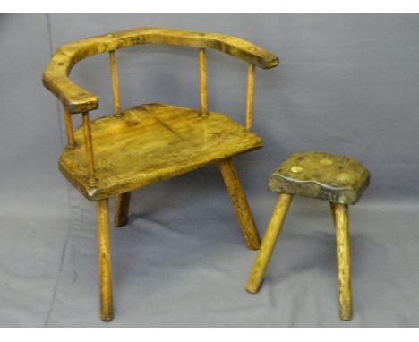 TRADITIONAL THREE LEGGED ELM &amp; ASH STICK COUNTRY CHAIR together with oak and ash three legged low stool