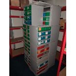 +VAT Large rotating parts rack with drawers and contents of various fittings and parts