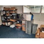 +VAT Bisley multi drawer filer with contents, 2 metal racks and a plastic rack with various