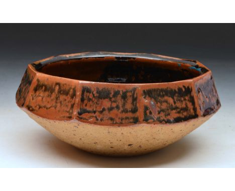 Janet Leach (British, 1918-1997) at Leach Pottery Bowl, black-brown glaze, with faceted polygonal edge, impressed potter's an