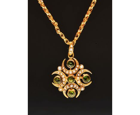 Edwardian 9ct gold bar brooch of crescent shaped stylised form with pearl and peridot setting, together with a 9ct gold chain