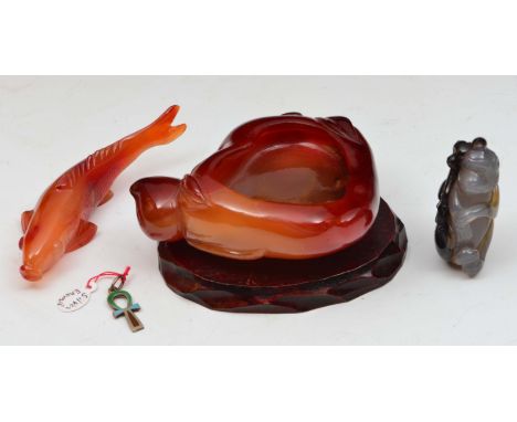 Chinese agate brush washer of peach form 8cm, 20th Century, a Japanese carved Cornelian carp 8cm and one small carved jade in