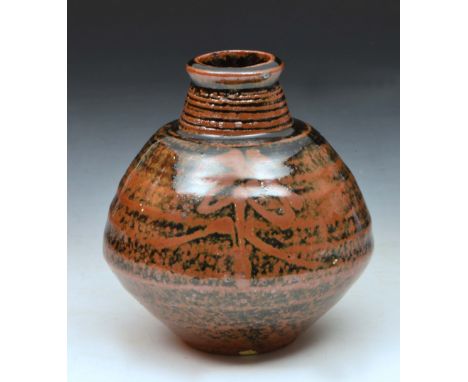 William Marshall (British, 1923-2007) at Leach Pottery Vase, kaki glaze with flower motif, inscribed potter's mark and impres