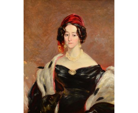 19th Century English School Half length portrait of a seated lady in a black dress and red head scarf next to a dog, oils on 