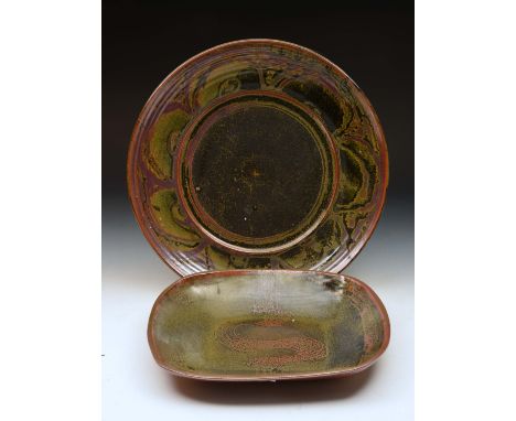 Attributed to Winchcombe Pottery Rectangular dish, combed decoration, 37cm wide and another dish in green, brown and black gl