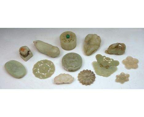 Chinese jade seal and thirteen other jade pieces including a deer with head turned