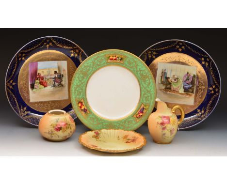 Worcester cabinet plate painted reserve panels of fruit to the border by H Ayrton, three blush ivory pieces and a pair of Aus