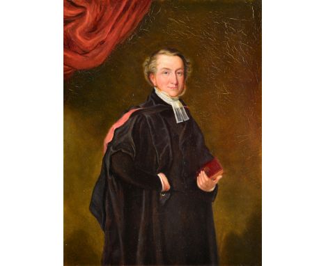 Early 19th Century English School Three quarter length portrait of an academic wearing black robes and white necktie holding 