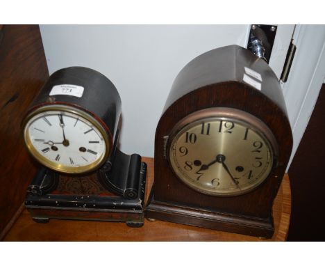 Boulle and ebonised mantel clock with drum dial and striking mechanism, 24cm and an oak mantel clock with striking mechanism,