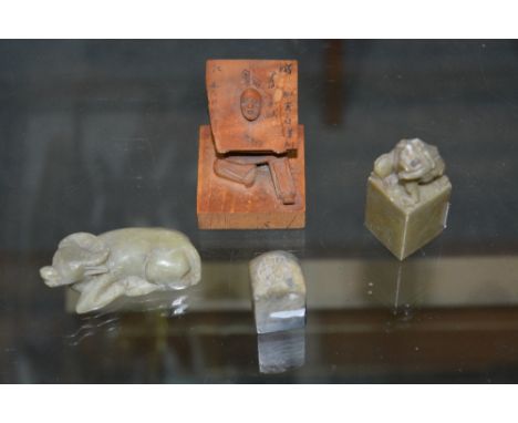 Group of smaller Chinese items viz two soapstone Chinese seals, a small soapstone model of a water buffalo, a Chinese boxwood