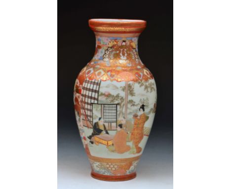 Japanese Kutani vase painted with an interior scene, figures playing a board game, the reverse with Geisha in a rowing boat, 