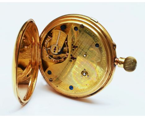 18ct gold pocket watchwith plain case, enamel dial and top wind mechanism by Walter Wood, Shambles Lane, Huddersfield