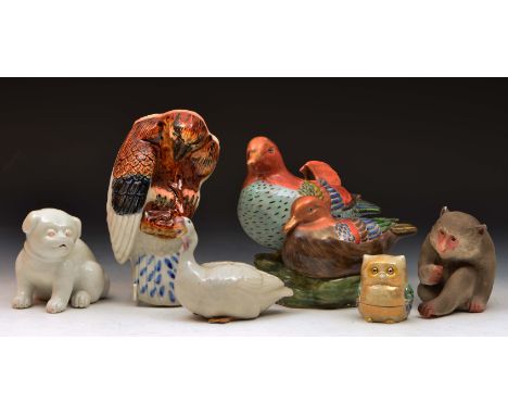 Japanese Satsuma model of two ducks 20cm, a model monkey and four other pieces