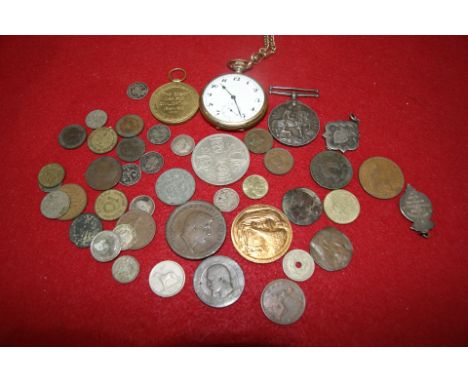 Gentleman's pocket watch with silver plated chain together with a small collection of miscellaneous coins, two silver medals,