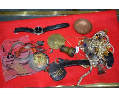 Small quantity of jewellery including a gentleman's wrist watch, an enamel pendant, necklaces, beads etc