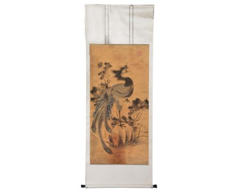 Chinese scroll phoenix resting on rockwork and with flowers, wash with colouring, circa 1900, 132cm x 64cm