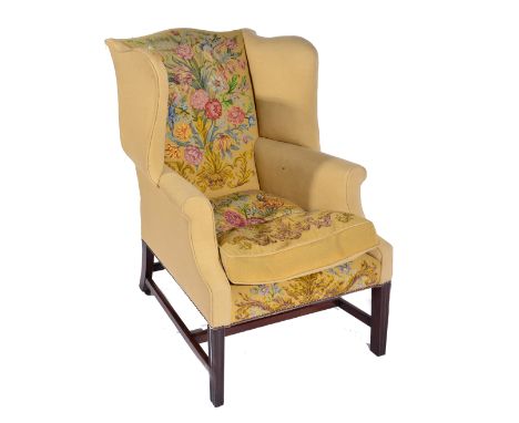 George III wingback armchair with button needlework upholstery, front supports, reeded, 112cm high, 67cm wide