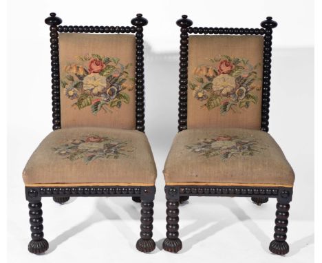 Two Thomas King 1840's bobbin turned chairs with original tapestry seat and backs