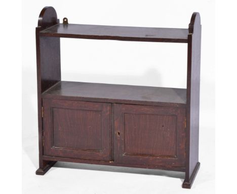 Heals oak hanging wall cabinet circa 1910 with open shelf above cupboard section, 61cm high, 56cm wide