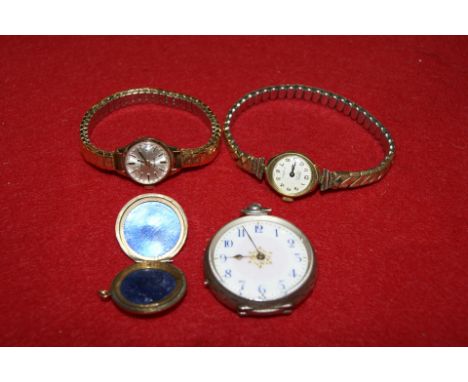 Continental 935 metal pocket watch with enamel dial, together with a Victorian locket and two ladies wrist watches