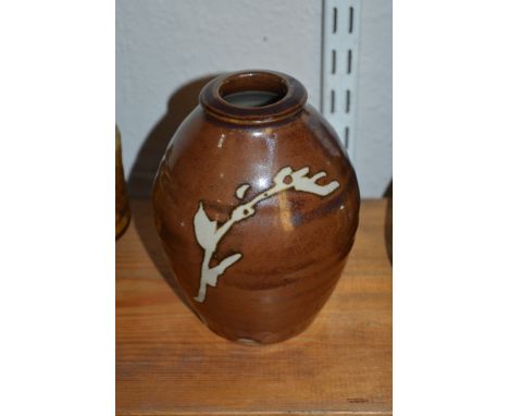 Mike Dodd (British, 1943) Vase, with foliate sprig decoration, seal covered with glaze, 15.5cm high. 