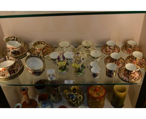 Pair of Derby figures 12cm, two Royal Crown Derby coffee sets, various other Derby and Bloor Derby cups and saucers, two mini