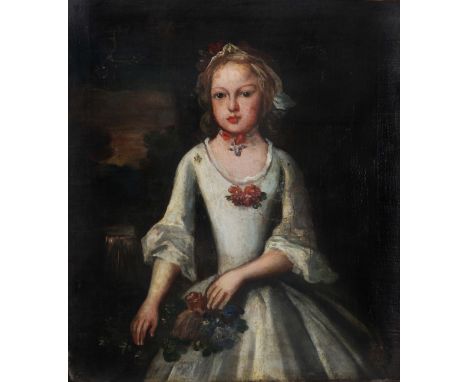 18th Century English School Portrait of a young girl in white dress seated in a garden, oils on canvas, 75cm x 65cm