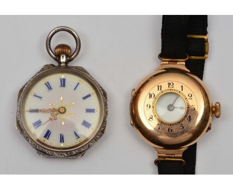 9ct gold half Hunter wrist watch with enamel dial, together with a continental 935 white metal fob watch with enamel dial and